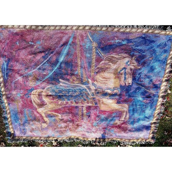 Carousel Horse Merry Go Round -Cotton Woven Blanket Throw Made in the USA 72x54 - Picture 2 of 9